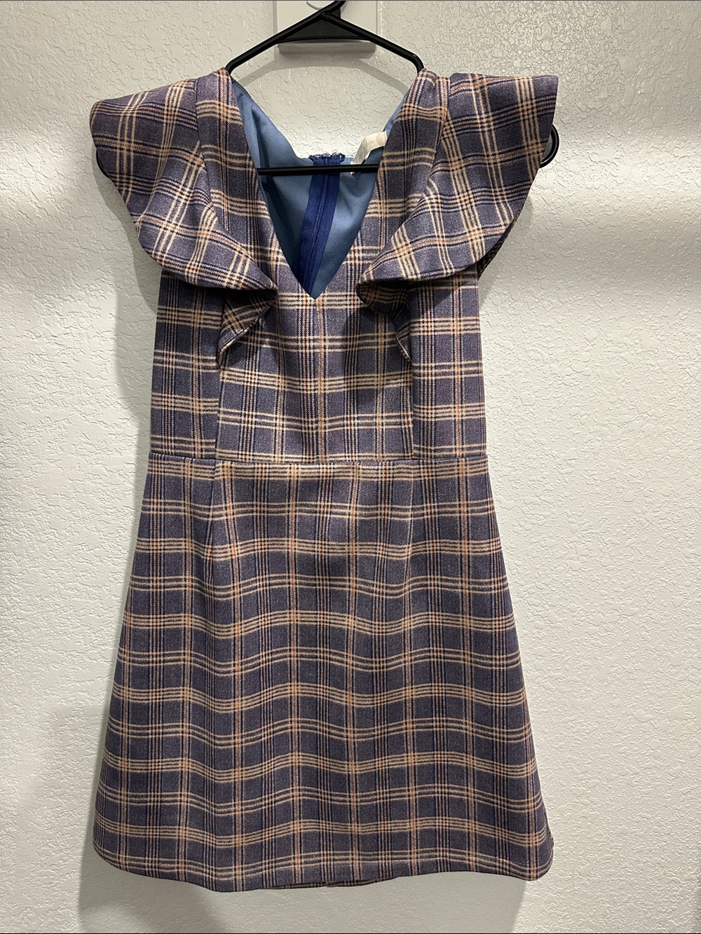 Altar'd State Navy and Beige Plaid Mini Dress with Statement Collar
